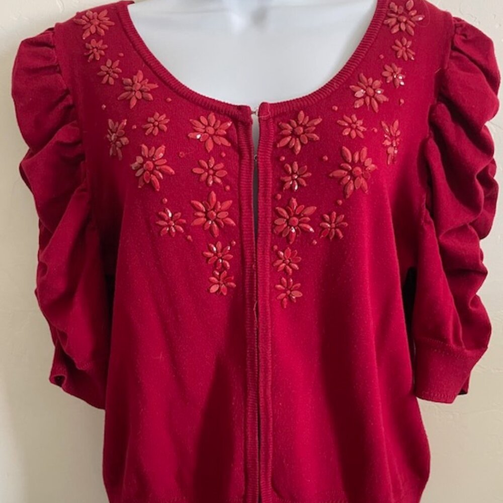 Red Beaded Holiday Sweater with Ruched Sleeves